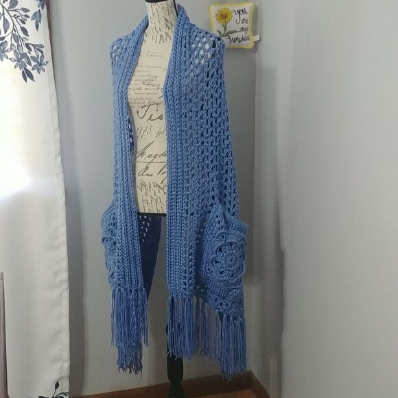 Handmade Crocheted Perfect Pockets Shawl with Flower Pocket and Fringe in blue - Picture 1 of 6